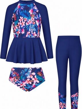 Grace Karin Navy Floral Long Sleeve Swim Set with Skirted Top and Leggings